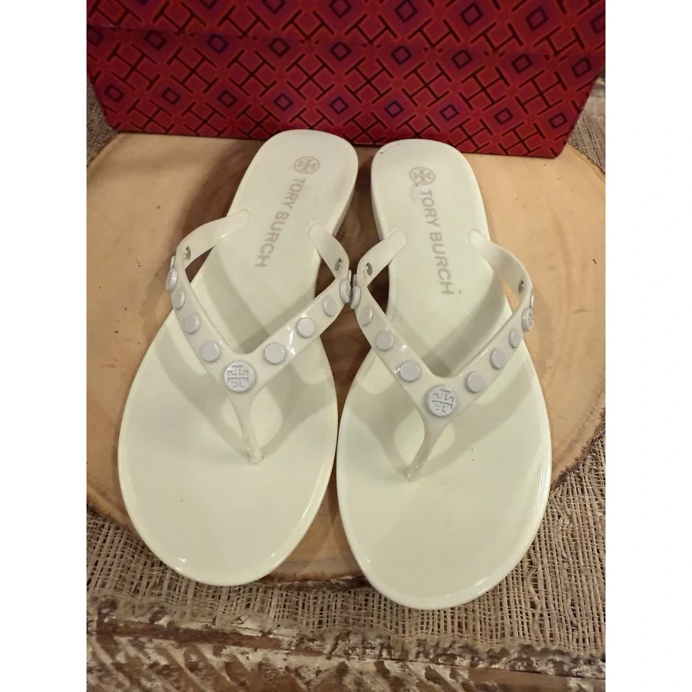 Tory Burch Studded Jelly Flip Flop Thong Sandal Ivory 8 $148 New‎ In Box
